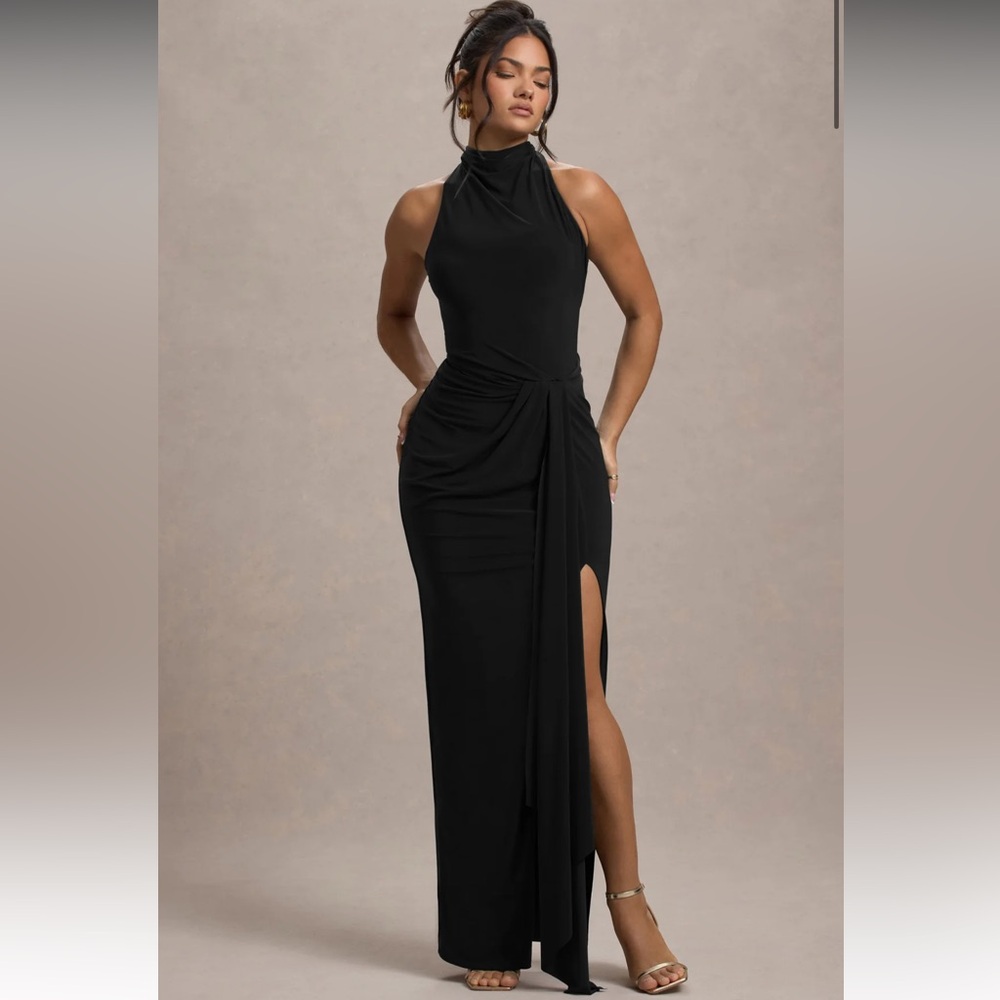 BLACK HIGH-NECK TWISTED MAXI DRESS WITH DRAPE